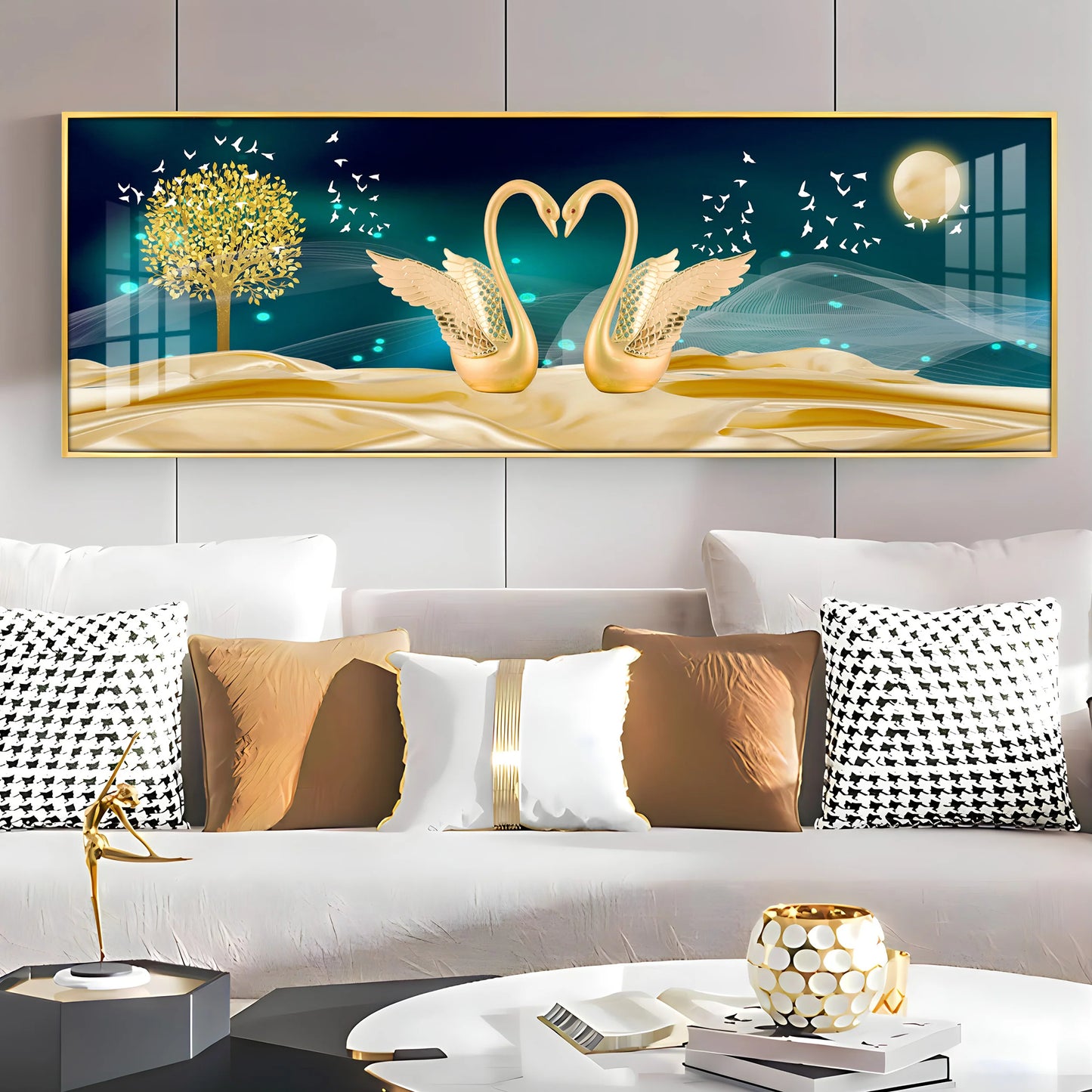 Happy Swans Luxury Crystal Horizontal Wall Art