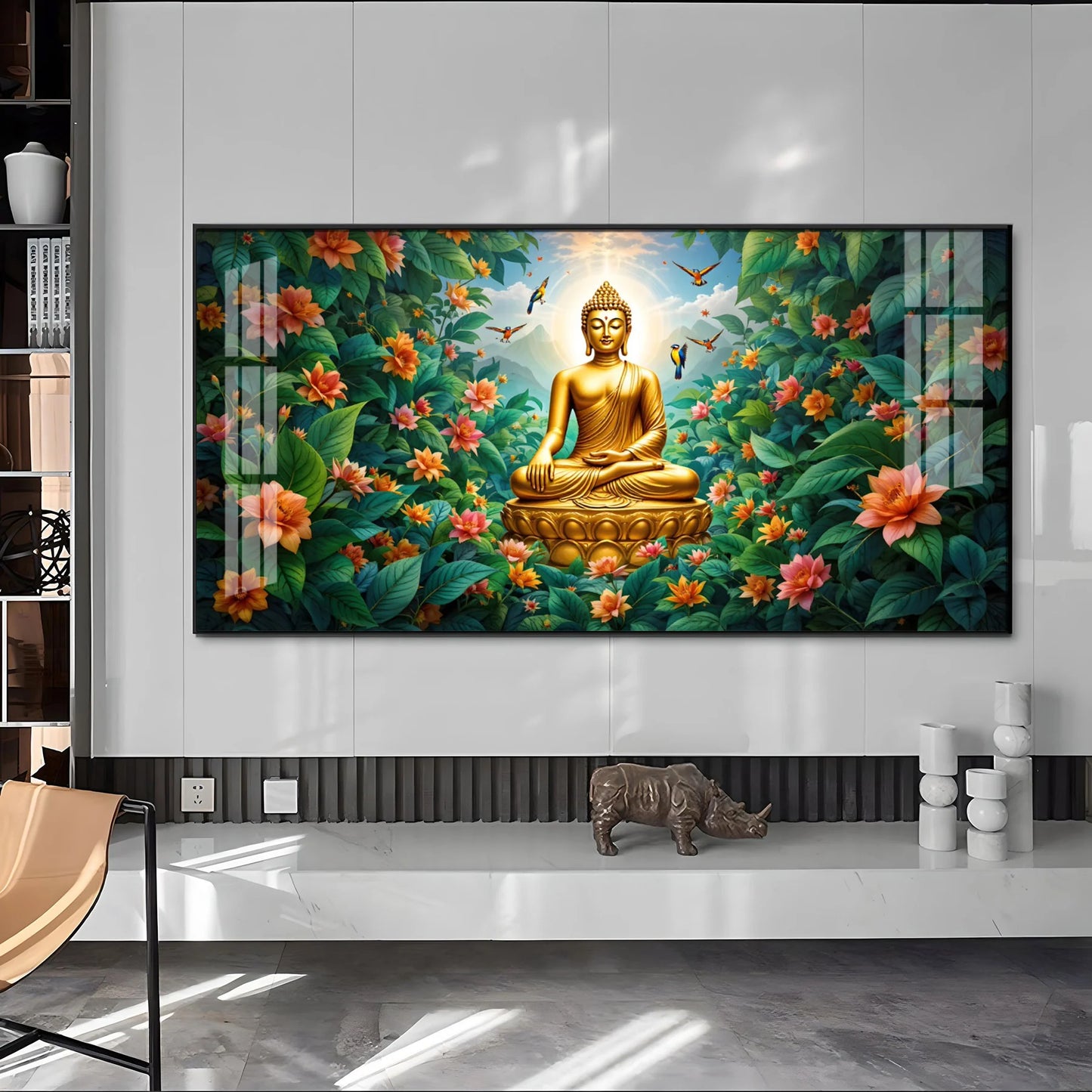 Mindful Living Buddha With Flower Premium Acrylic Horizontal Wall Art