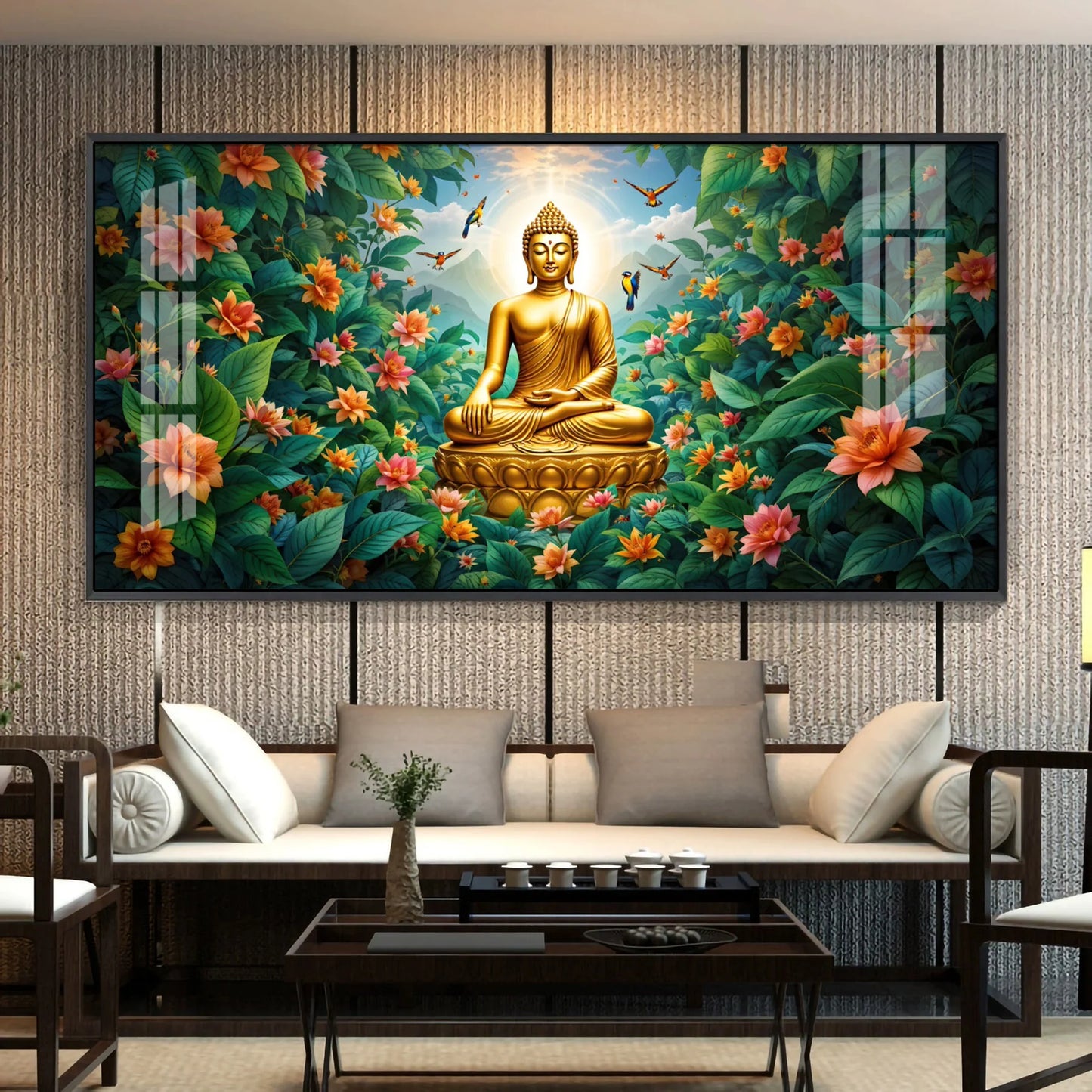 Mindful Living Buddha With Flower Premium Acrylic Horizontal Wall Art