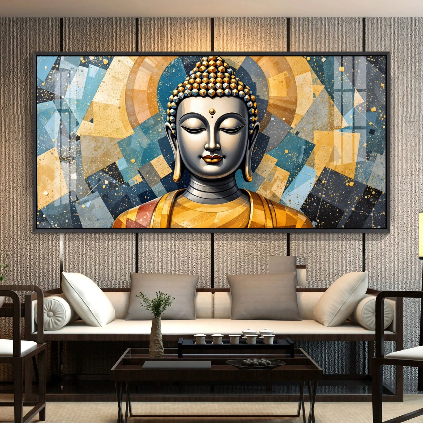 Abstract Buddha Face Portrait Premium Acrylic Horizontal Wall Art