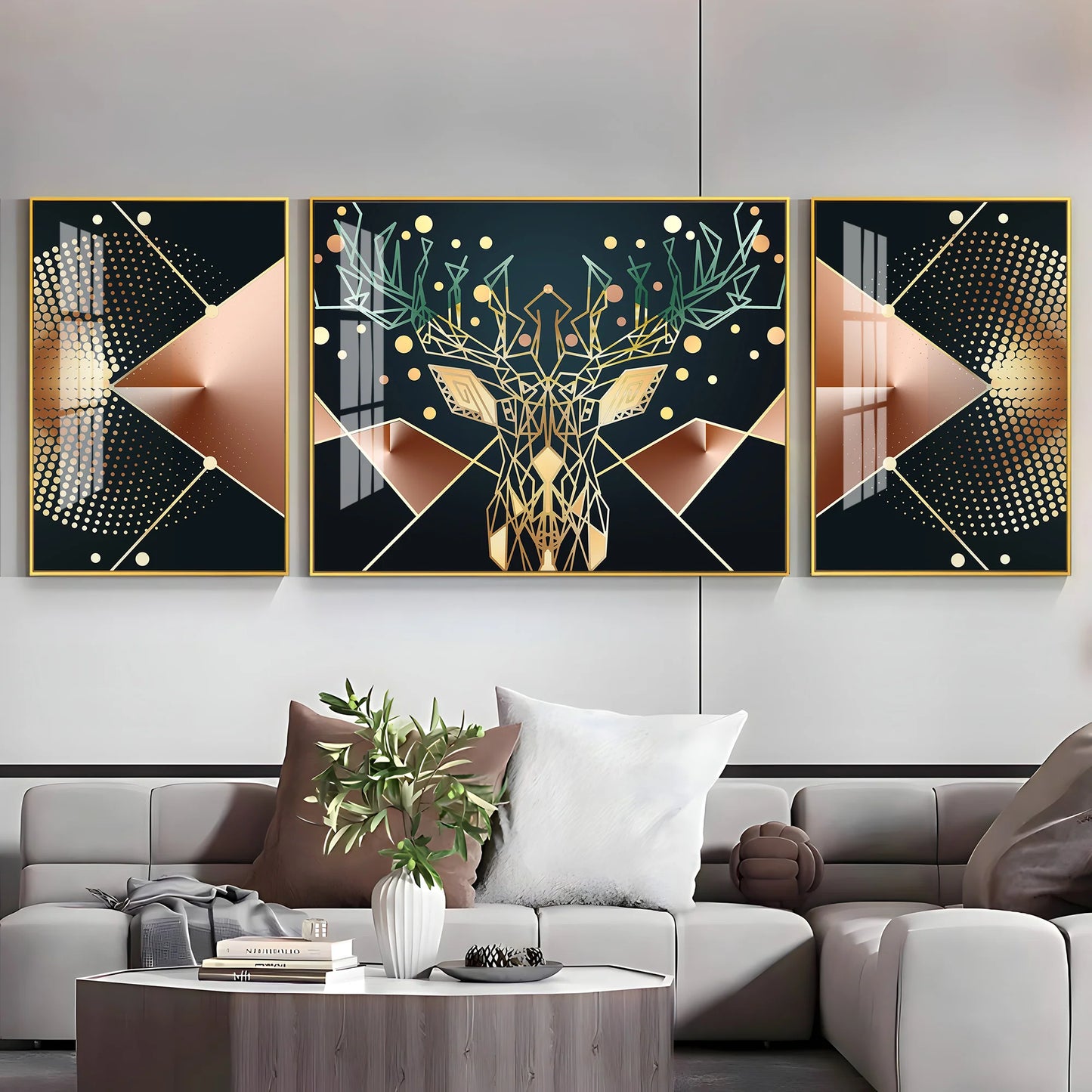 Golden Deer Mural Premium Acrylic Wall Art (Set of 3)