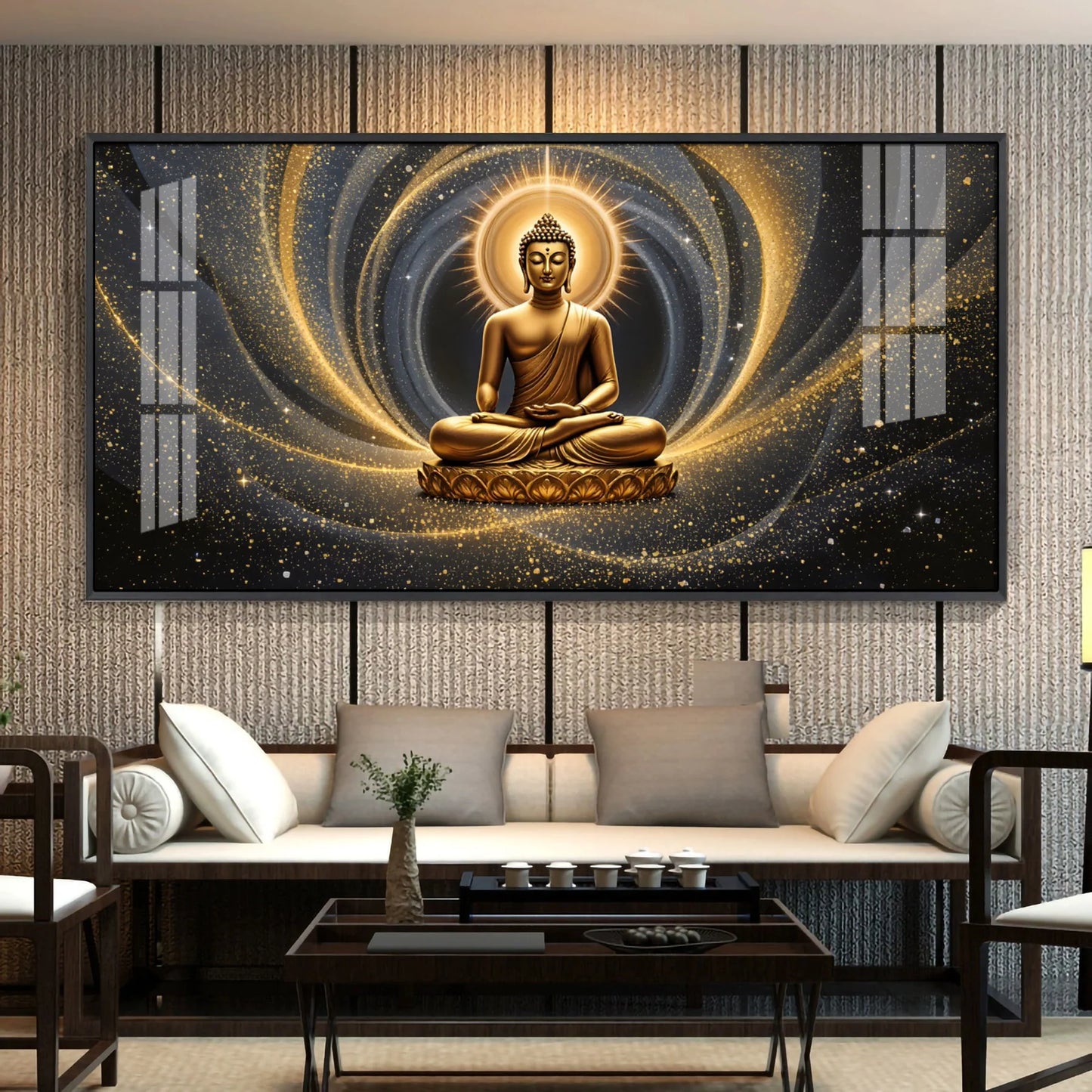 Golden Wave Buddha Reflection Premium Acrylic Horizontal Wall Art