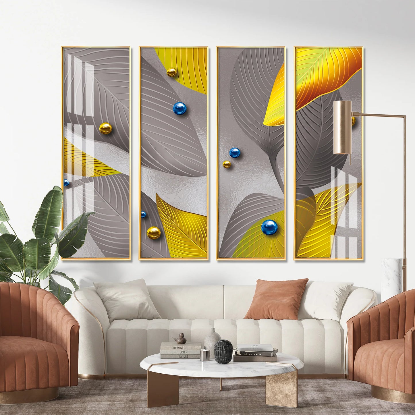 Grey & Golden Leaves Premium Acrylic Vertical Wall Art (set of 4)
