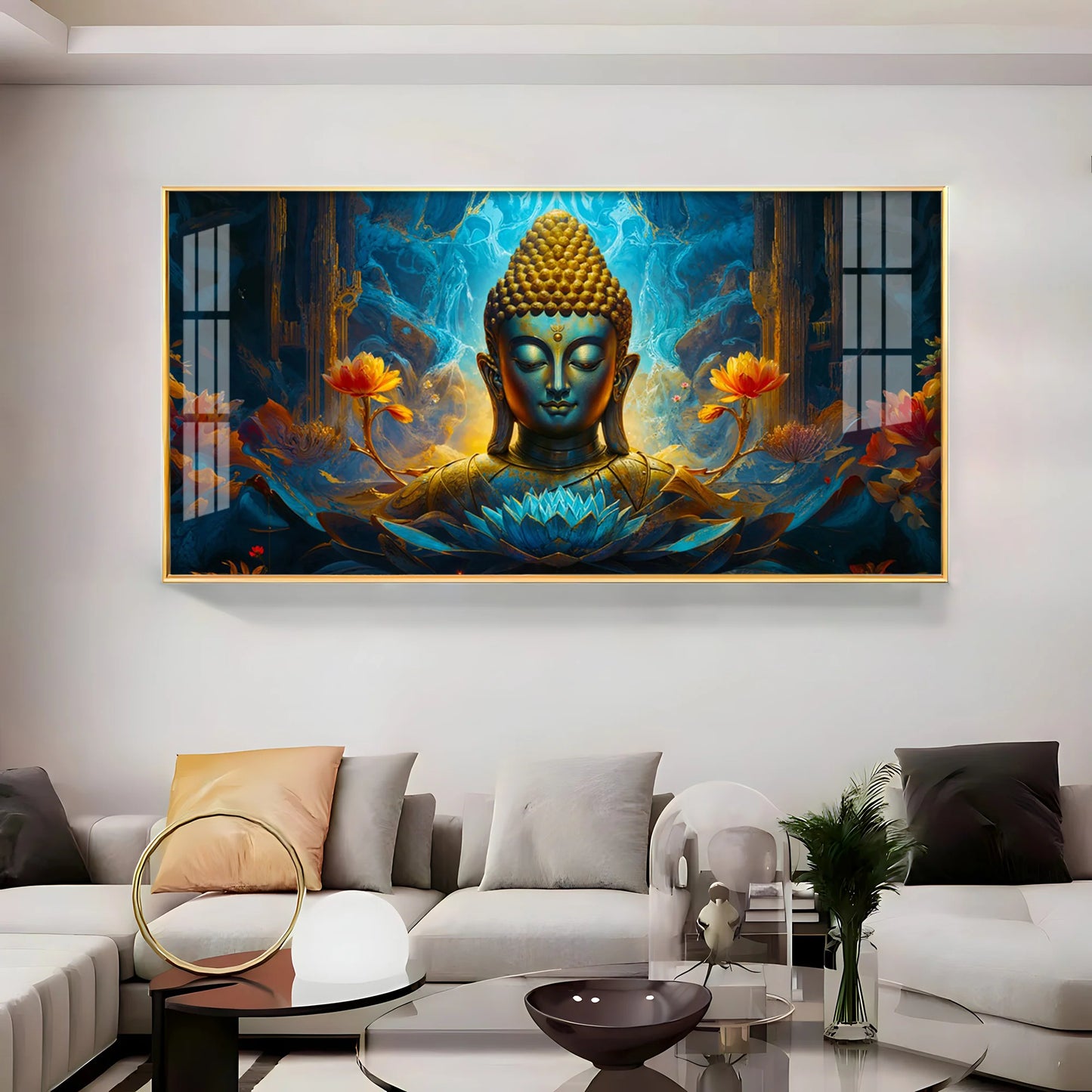 Tranquil Buddha Art In Blue Premium Acrylic Horizontal Wall Art