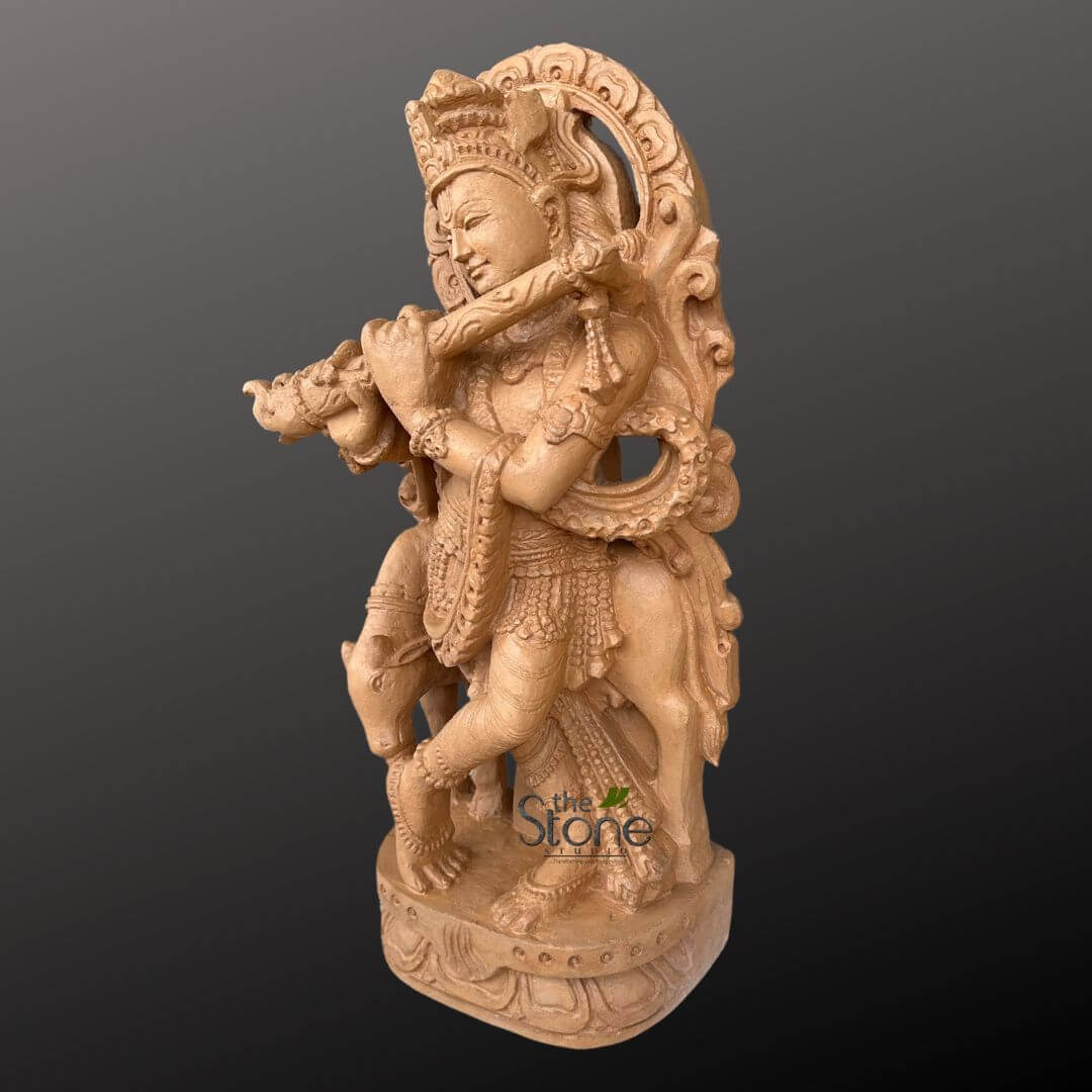 Stone Krishna with cow statue 2ft
