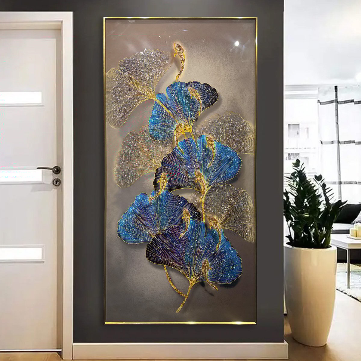 YF Whispers of Ginkgo Koi Fish Crystal Glass Wall Art