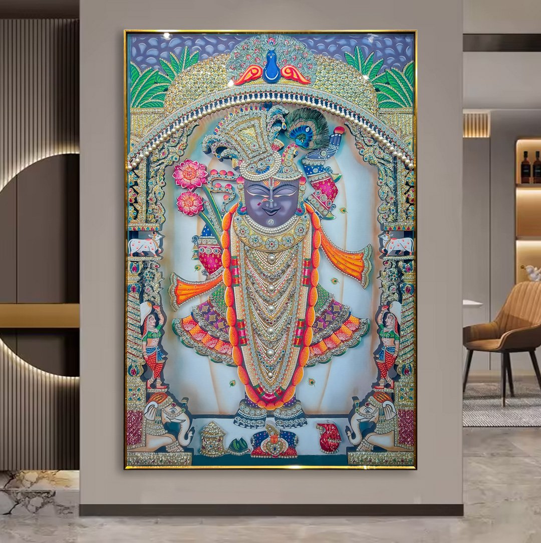 YF Lotus Radiance Shreenathji Crystal Painting with Pearls