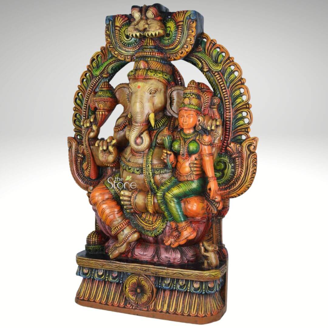 Large Wood Ganesh with Lakshmi Statue 3ft