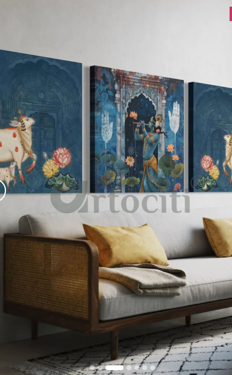Divine Pichwai Trio: Krishna With Cows Pichwai (Set Of 3) Canvas Set