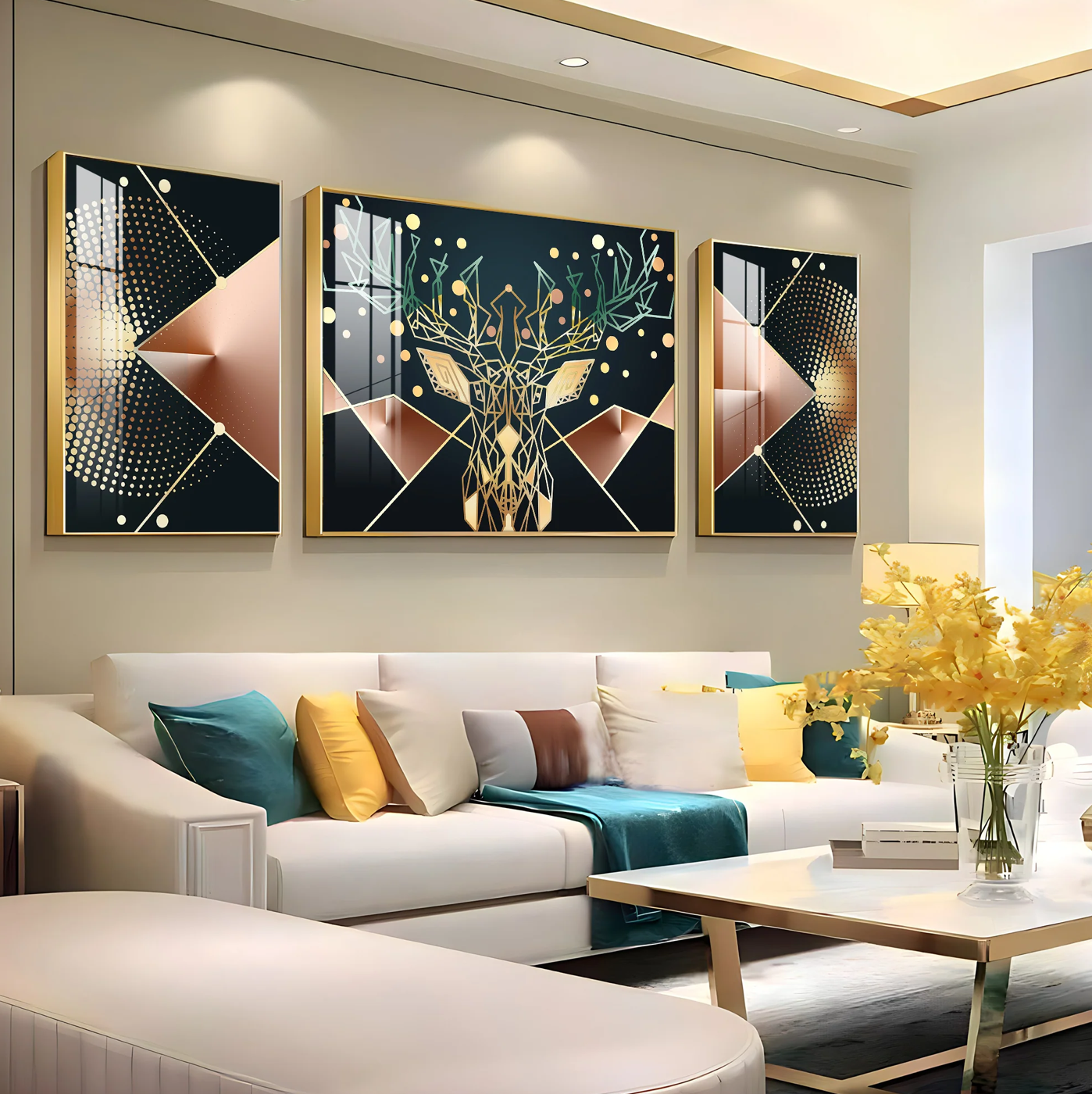Golden Deer Mural Premium Acrylic Wall Art (Set of 3)