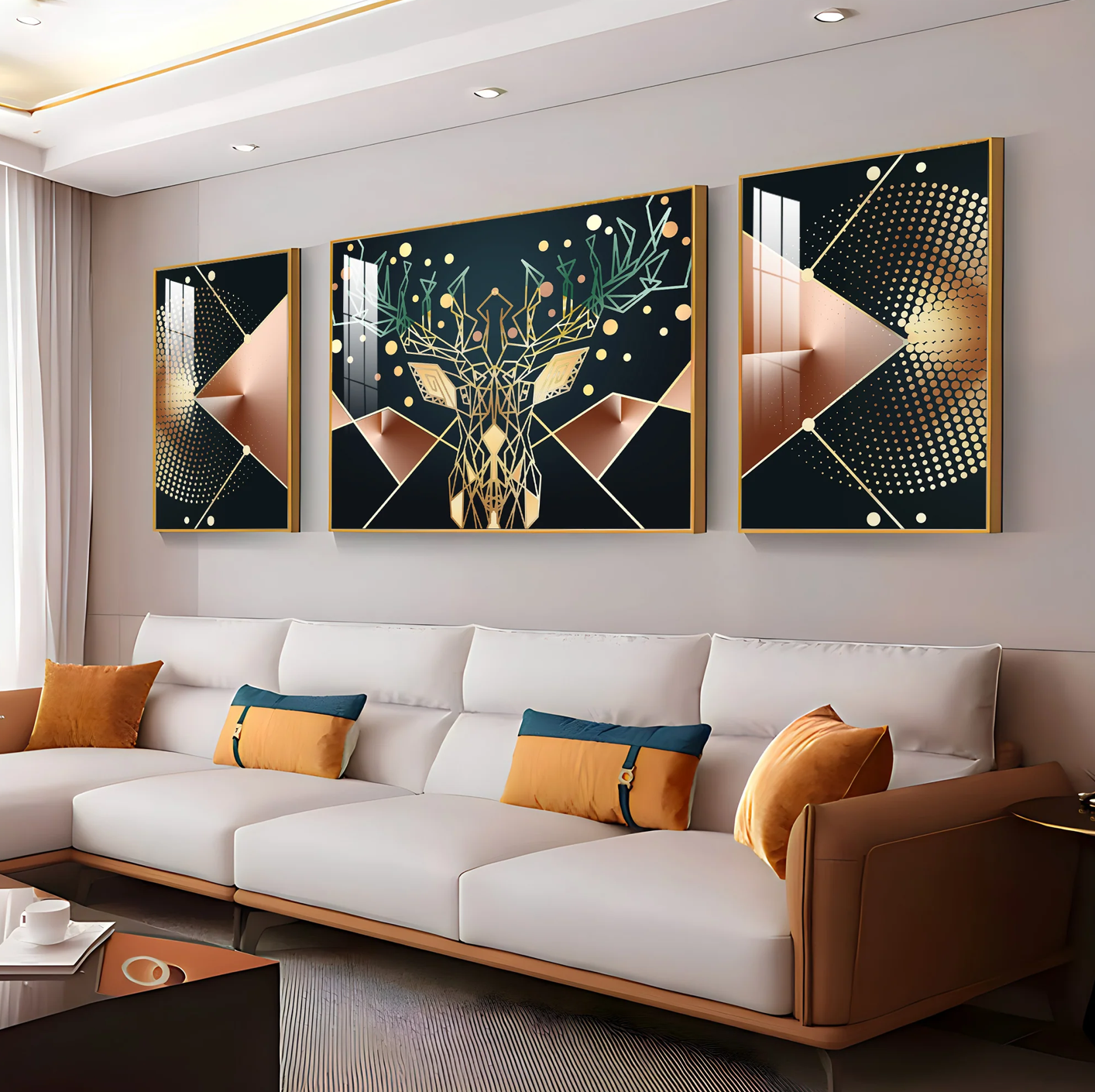 Golden Deer Mural Premium Acrylic Wall Art (Set of 3)