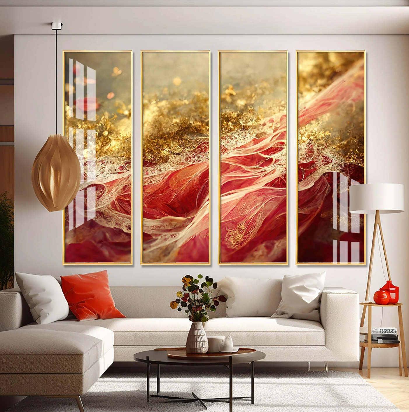 Passionate Red & Golden Premium Acrylic Vertical Wall Art (set of 4)