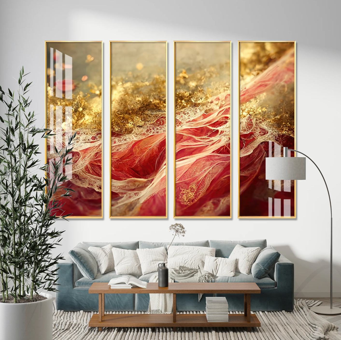 Passionate Red & Golden Premium Acrylic Vertical Wall Art (set of 4)