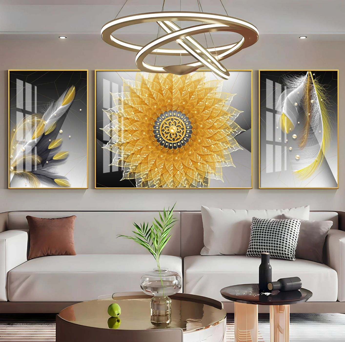 Golden Mandala With Feathers Premium Acrylic Wall Art (Set of 3)