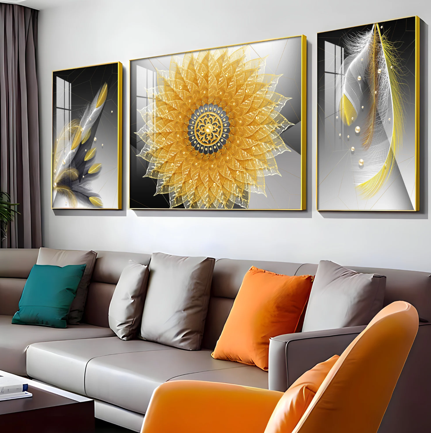 Golden Mandala With Feathers Premium Acrylic Wall Art (Set of 3)