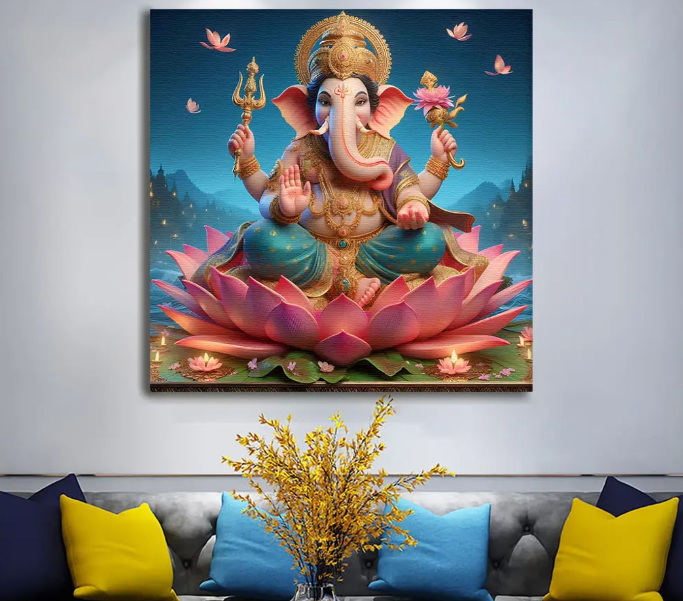 YF Ganesha Sitting on Lotus Canvas Painting