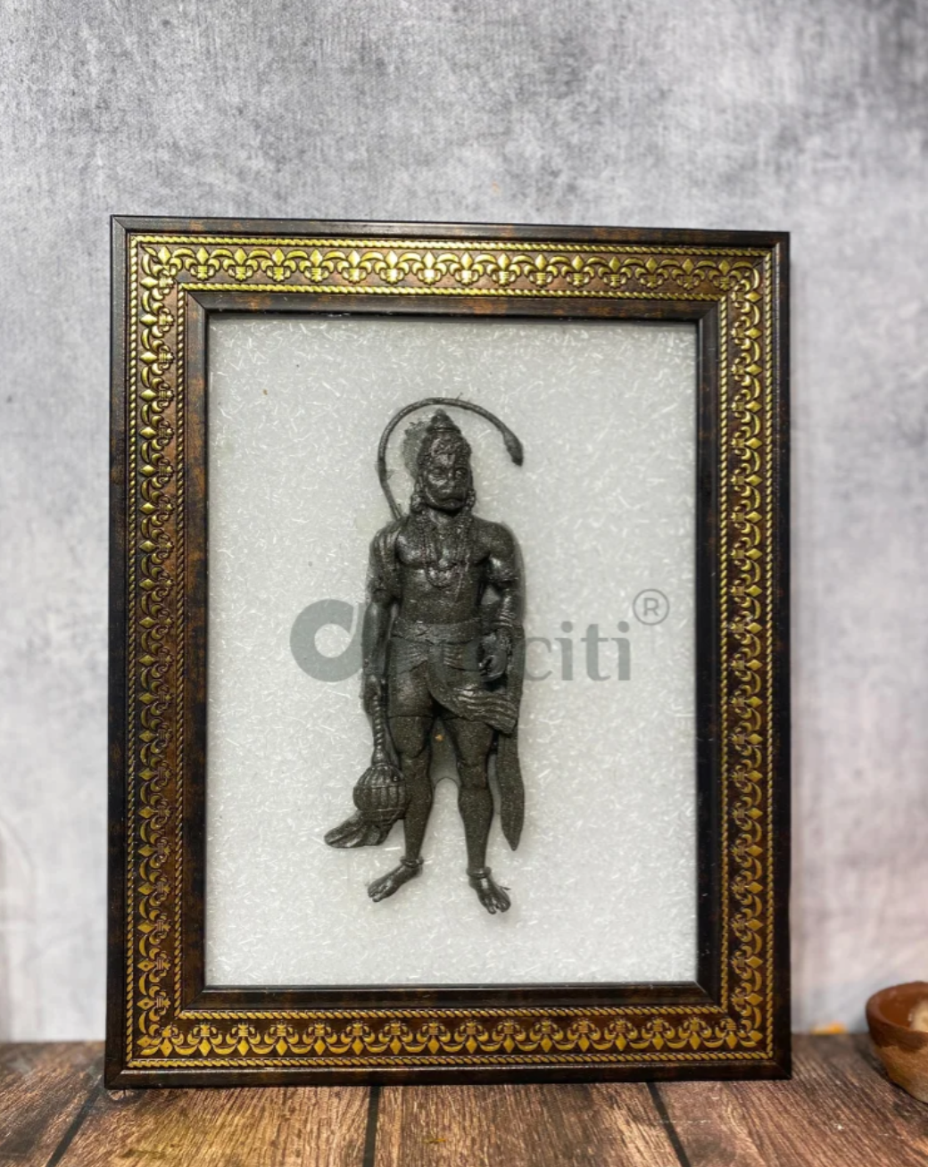 Pyrite Lord Hanuman Ji Relief Mural on Selenite Plate Frame