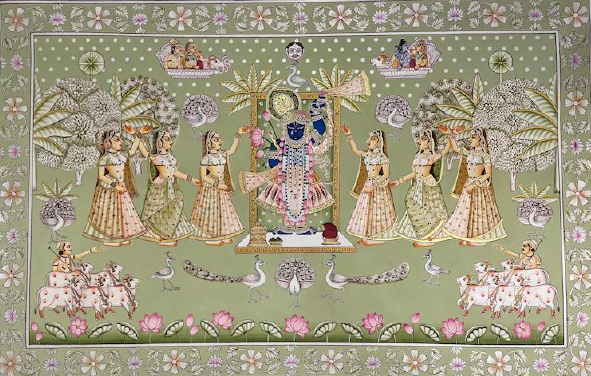 AS - Green Pichwai painting featuring Shreenathji with gopikas, adorned with intricate silver work.