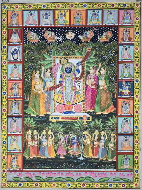 AS - A stunning Pichwai artwork of Shreenathji with gopikas, divine motifs, cows, and intricate traditional detailing. A rich, festive masterpiece.