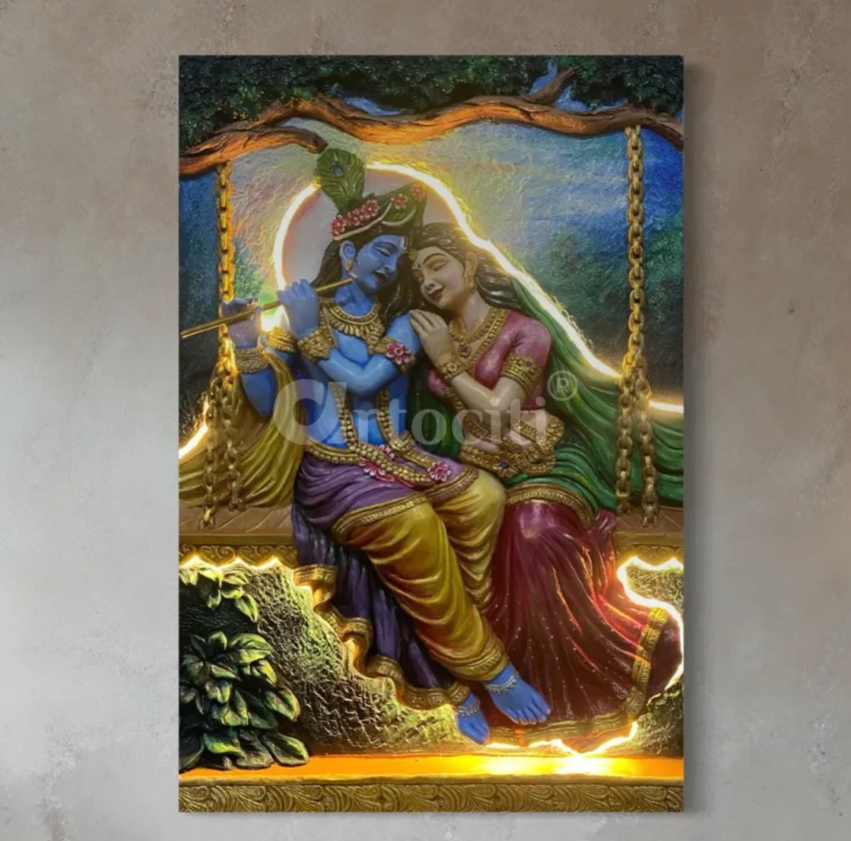 3X2 Feet Radha Krishna on Swing 3D Relief Mural | LED Iight Installed