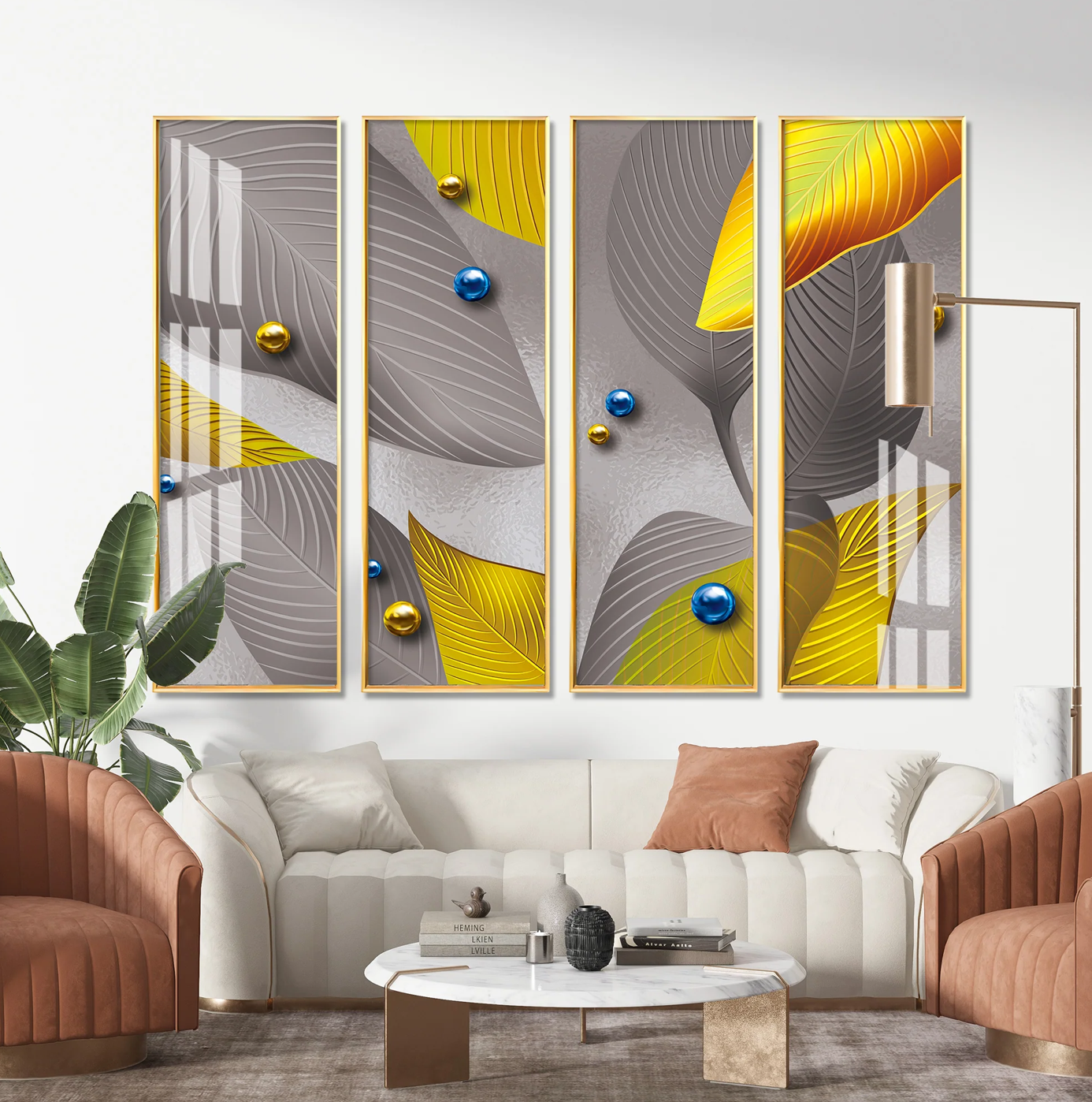 Grey & Golden Leaves Premium Acrylic Vertical Wall Art (set of 4)