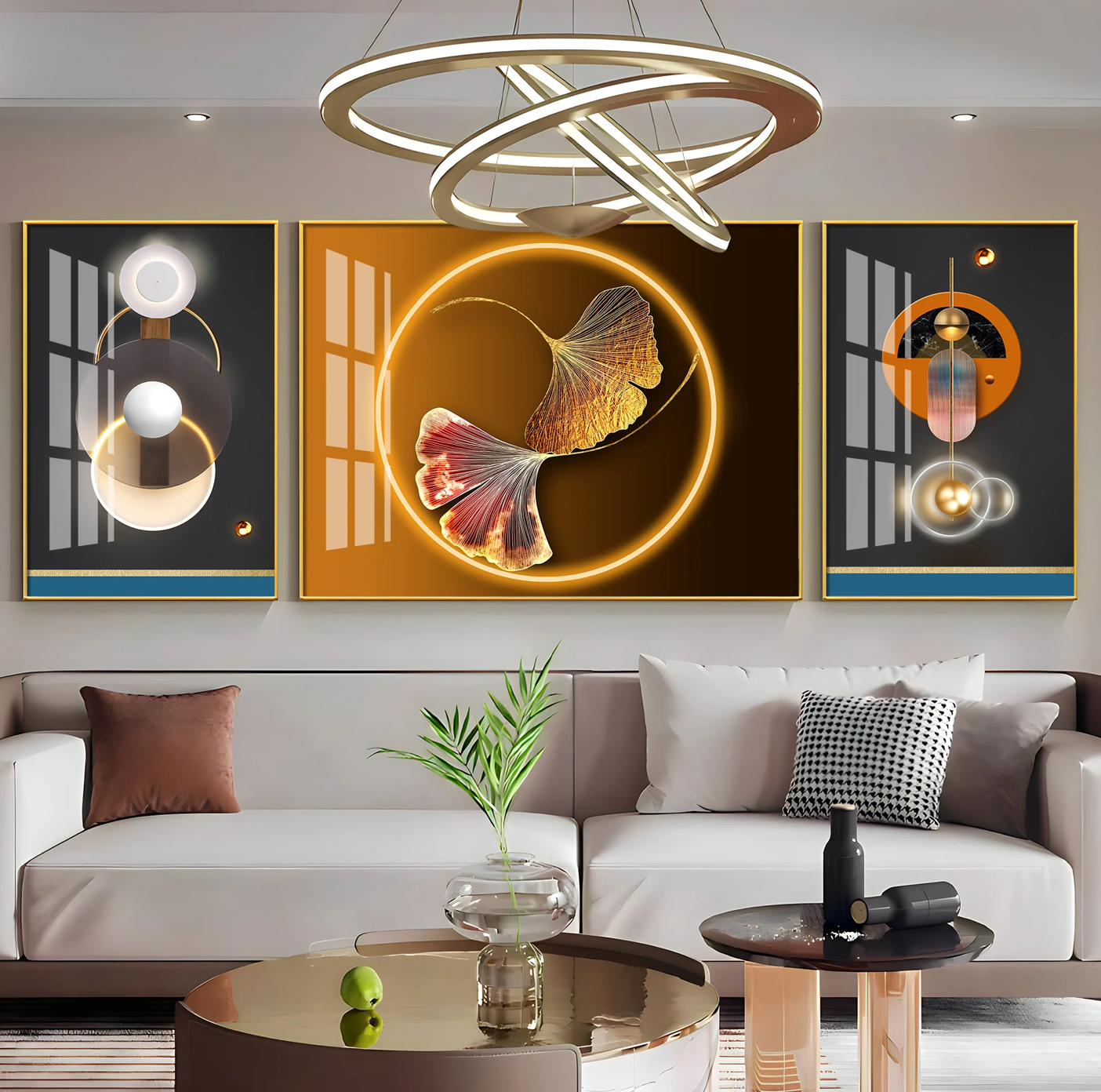 Glowing Biloba Leaves Premium Acrylic Wall Art (Set of 3)