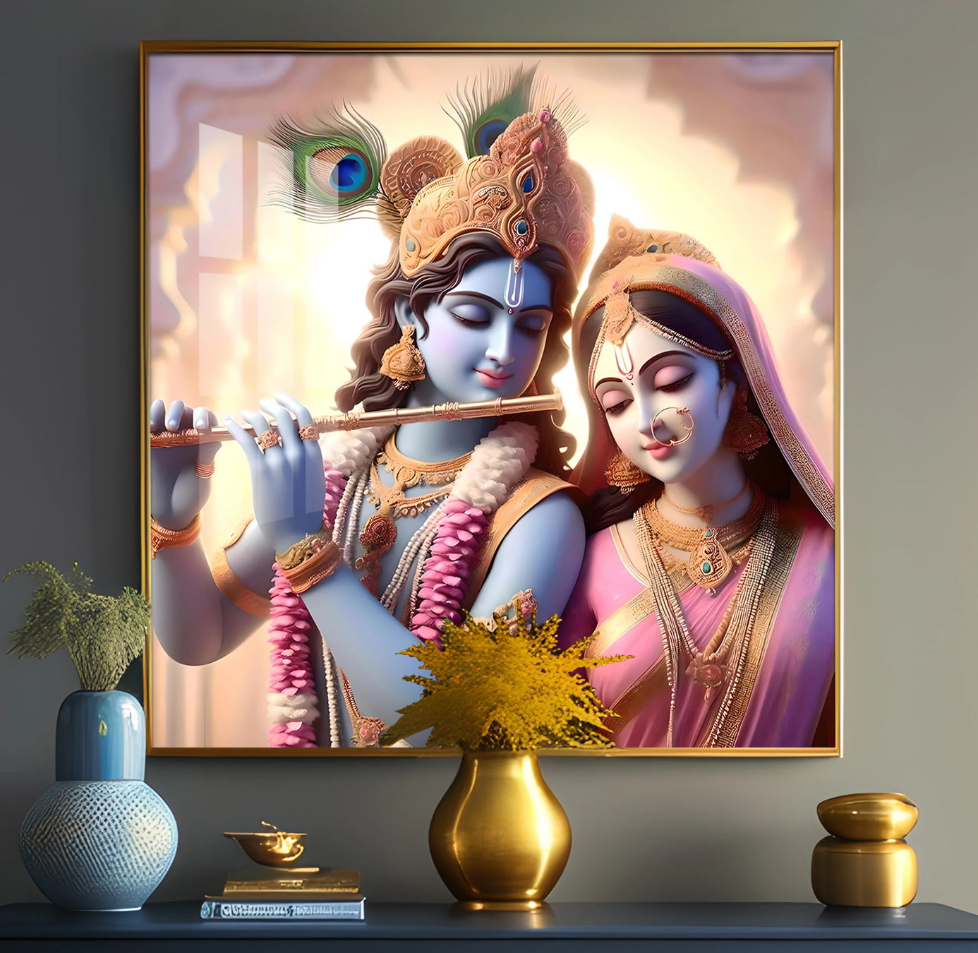 Krishna Playing Flute For Radha Premium Acrylic Square Wall Art