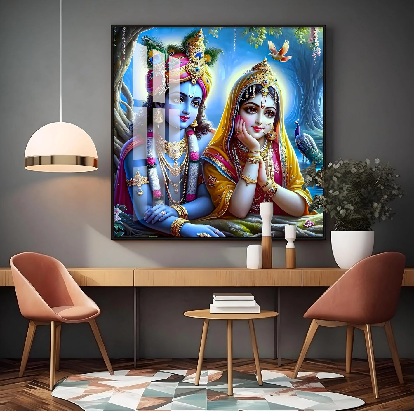 Radha Krishna In Vatika Premium Acrylic Square Wall Art