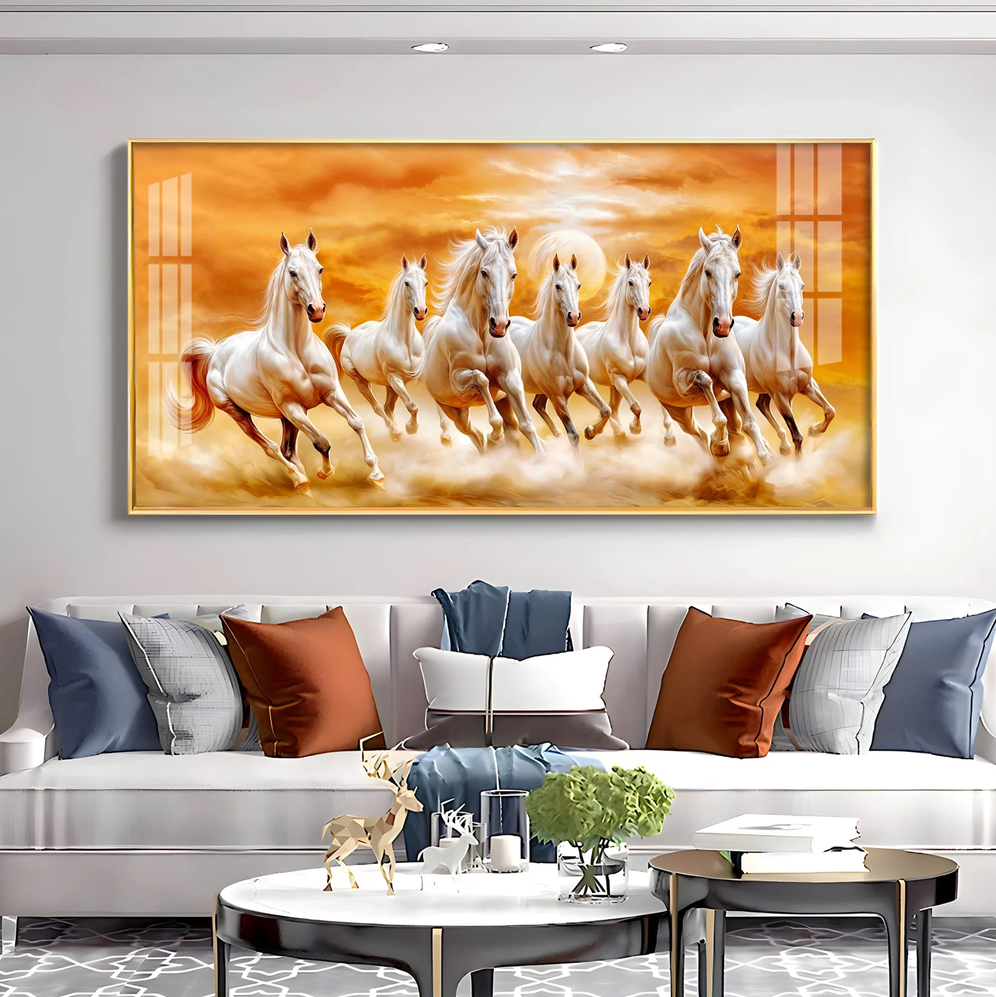 Vastu 7 Running White Horses Premium Acrylic Horizontal Wall Art