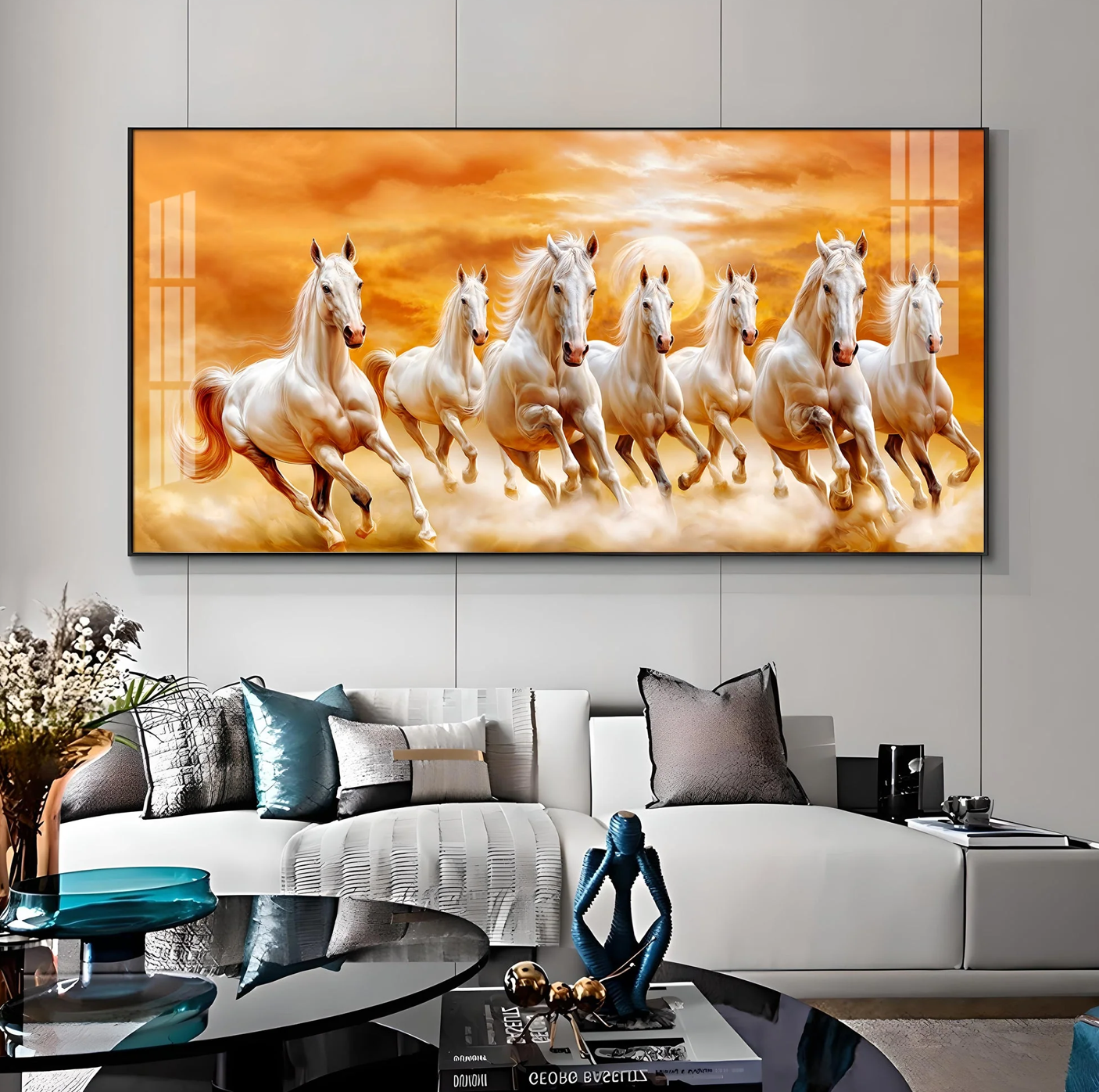 Vastu 7 Running White Horses Premium Acrylic Horizontal Wall Art
