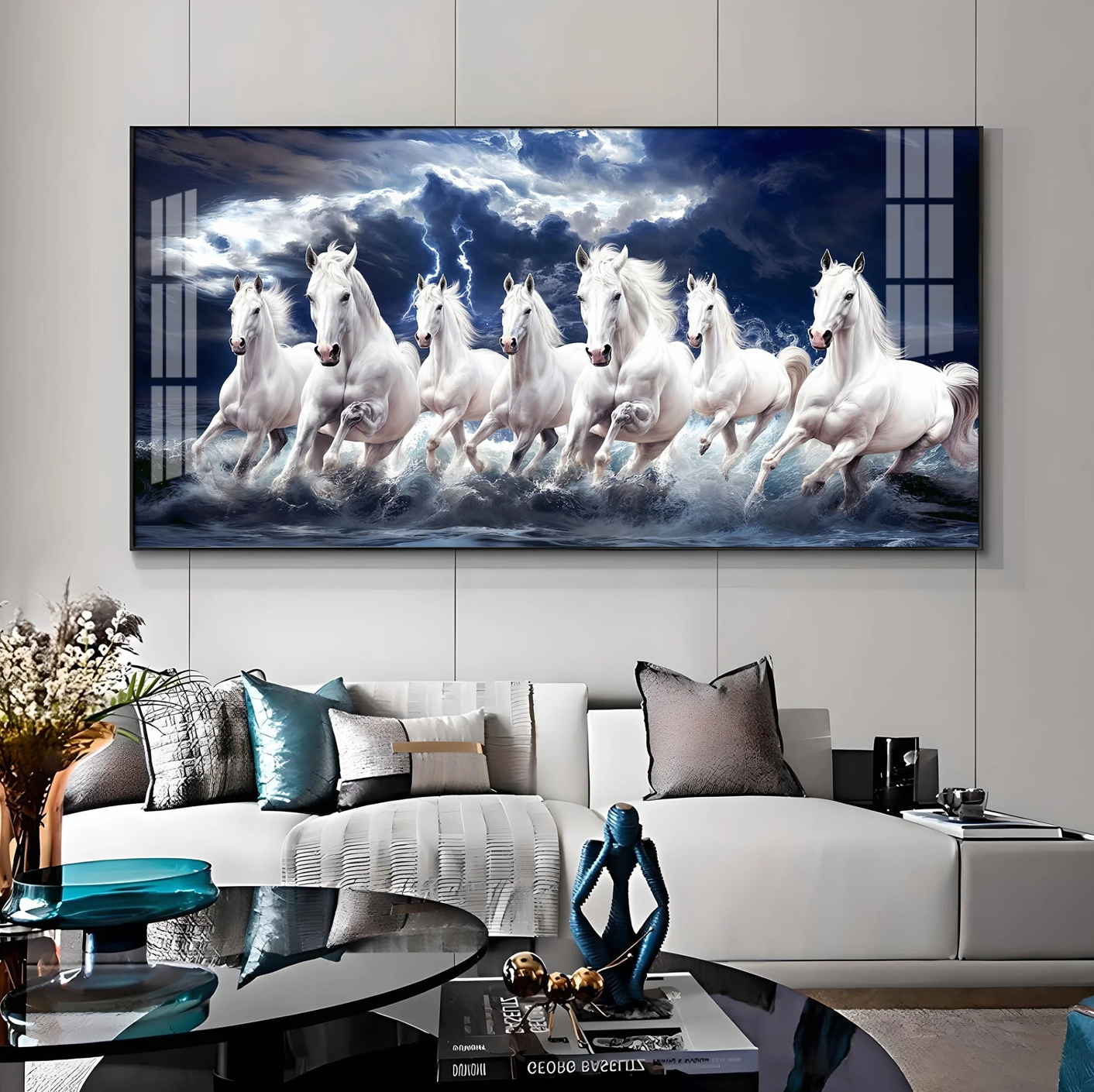 Seven White Horses Gallop In the Sea Premium Acrylic Horizontal Wall Art