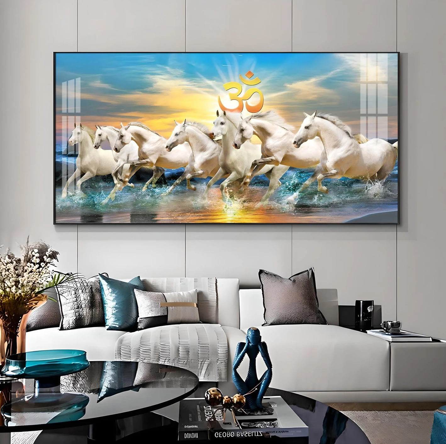 White Running Horses in Sea with Om Premium Acrylic Horizontal Wall Art