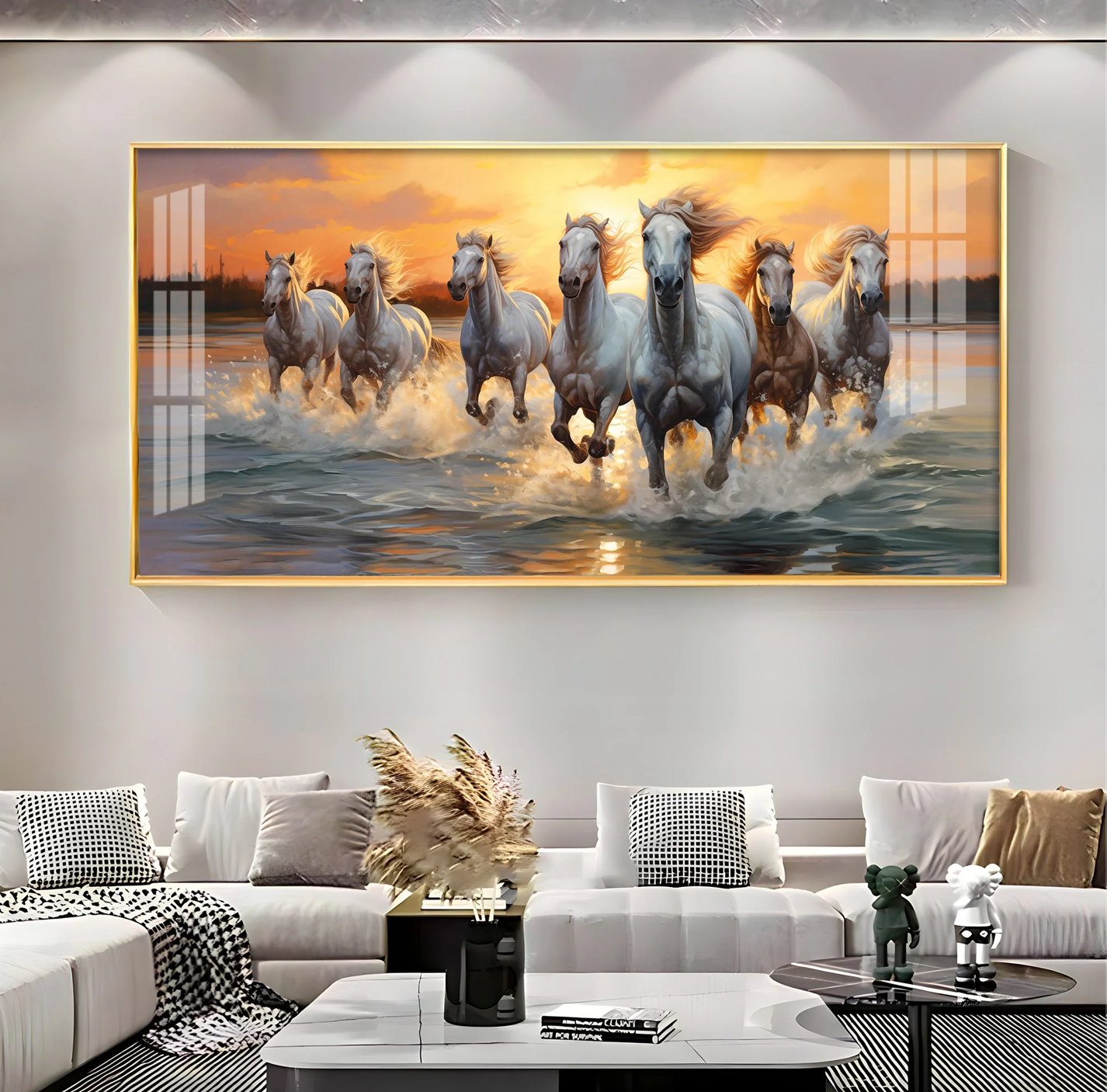 Vastu Seven Running Horses With Sunrise Premium Acrylic Horizontal Wall Art