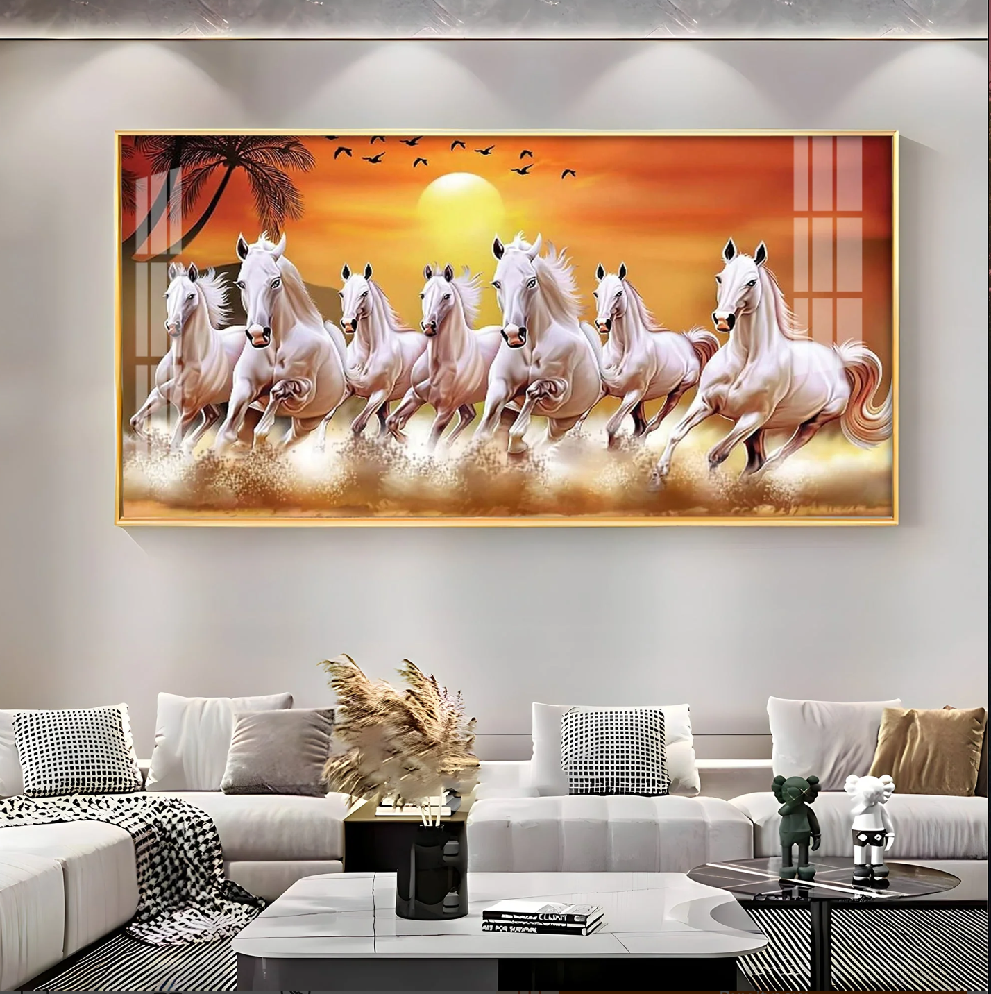 7 White Running Horses in The Sea With Sunrise Premium Acrylic Horizontal Wall Art