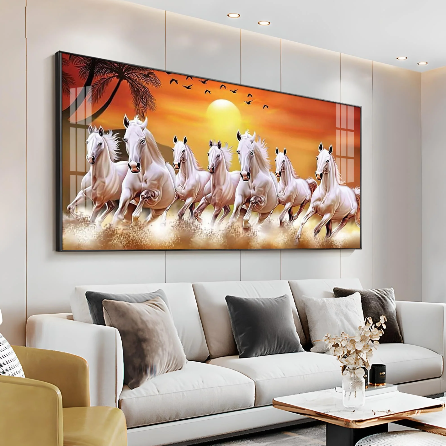 7 White Running Horses in The Sea With Sunrise Premium Acrylic Horizontal Wall Art