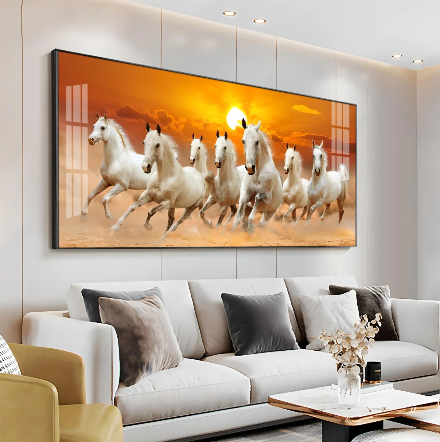 White 7 Running Horses Premium Acrylic Horizontal Wall Art