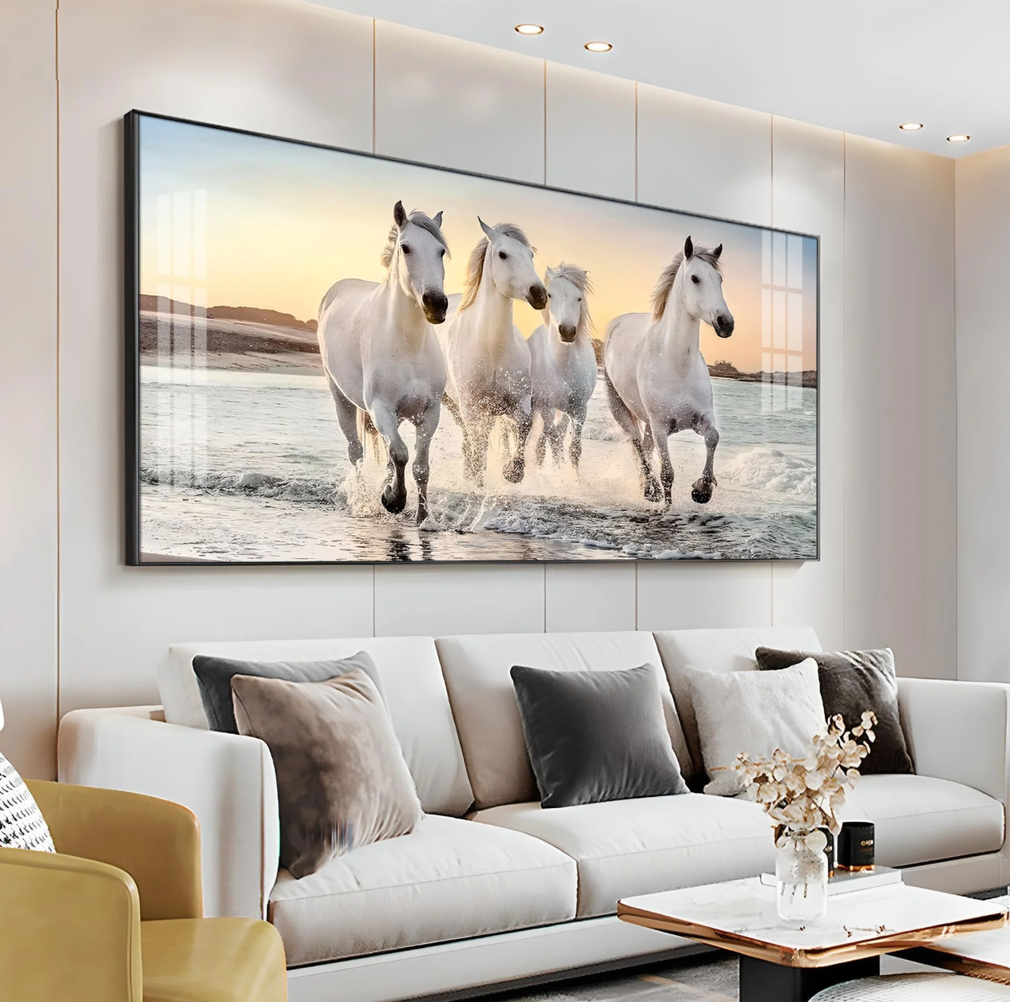 White Running Horses in The Sea Premium Acrylic Horizontal Wall Art