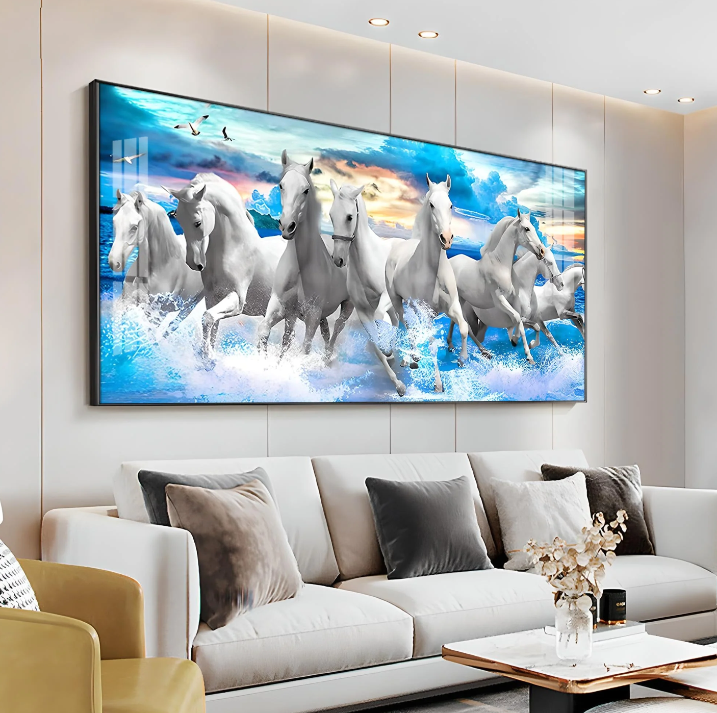 Vastu Running Horses With Sunrise Premium Acrylic Horizontal Wall Art