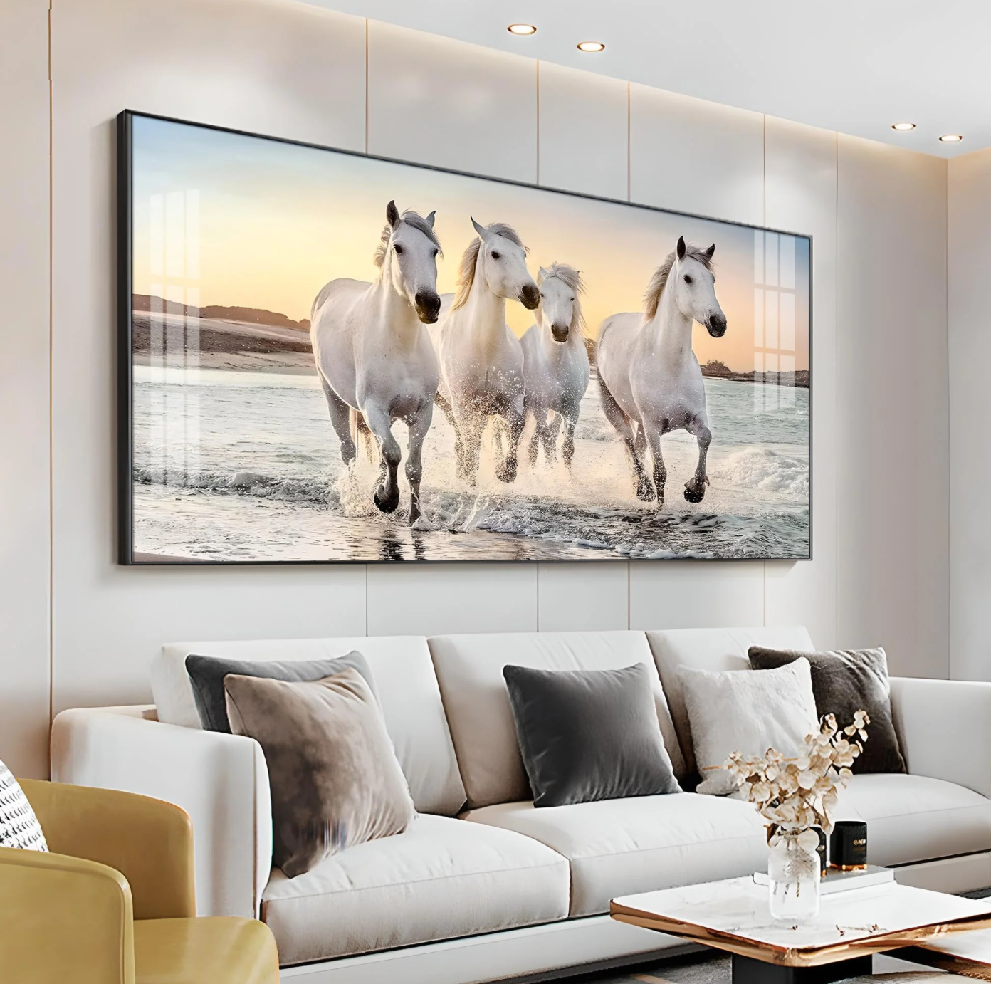 White Running Horses in The Sea Premium Acrylic Horizontal Wall Art