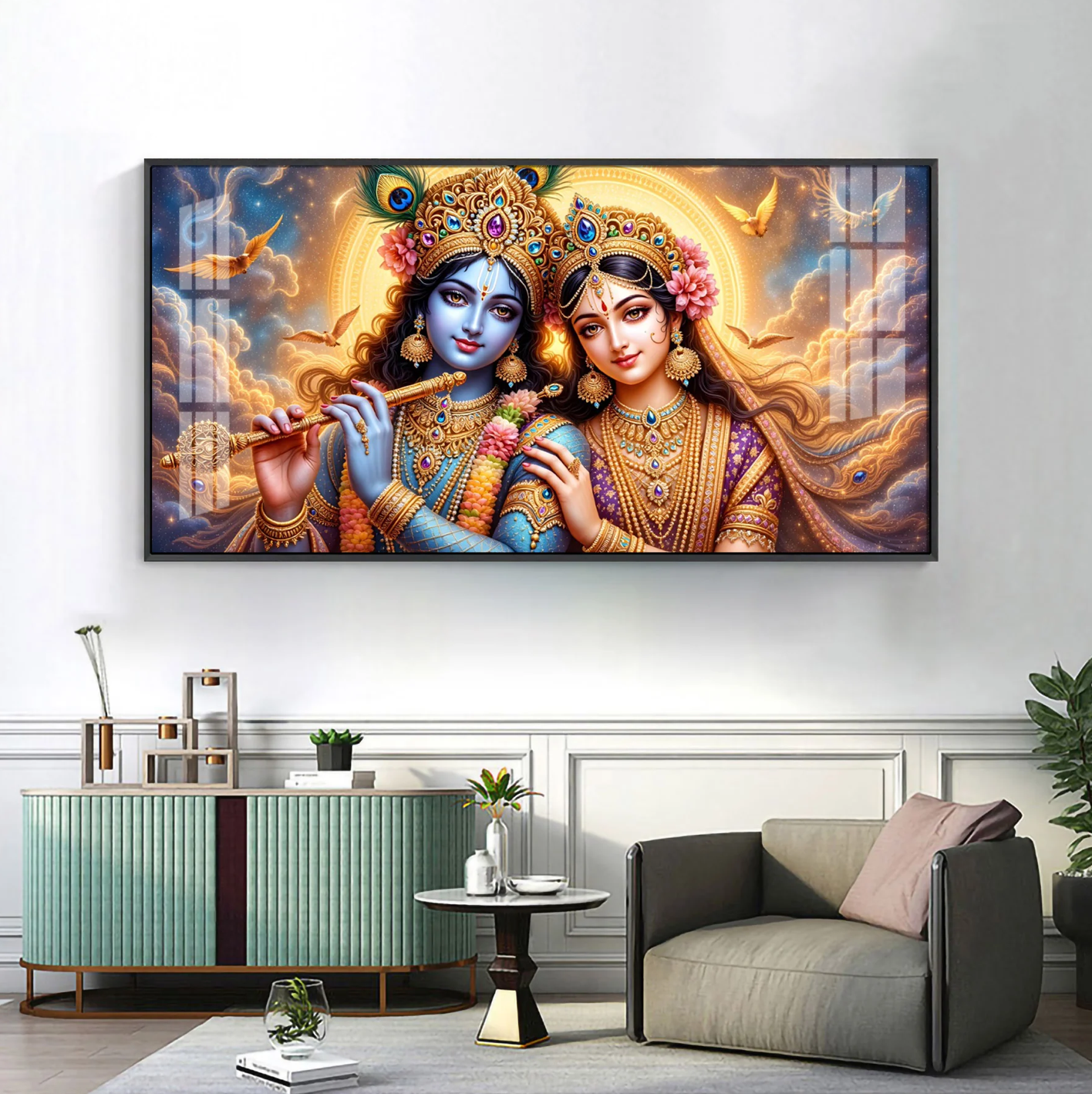 Shri Krishna And Radha In Sunburn Cloud Premium Acrylic Horizontal Wall Art