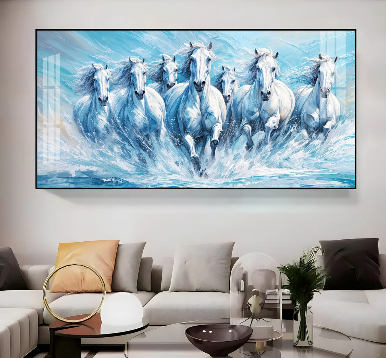 Running Horses in River Premium Acrylic Horizontal Wall Art