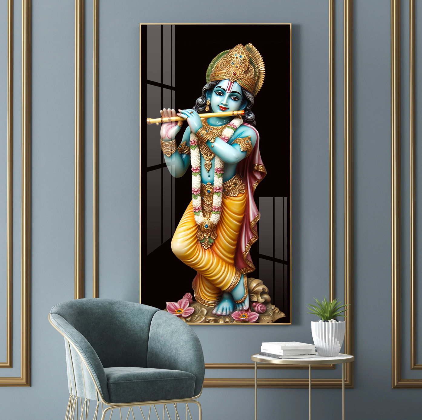 Lord Krishna With Flute Premium Acrylic Vertical Wall Art