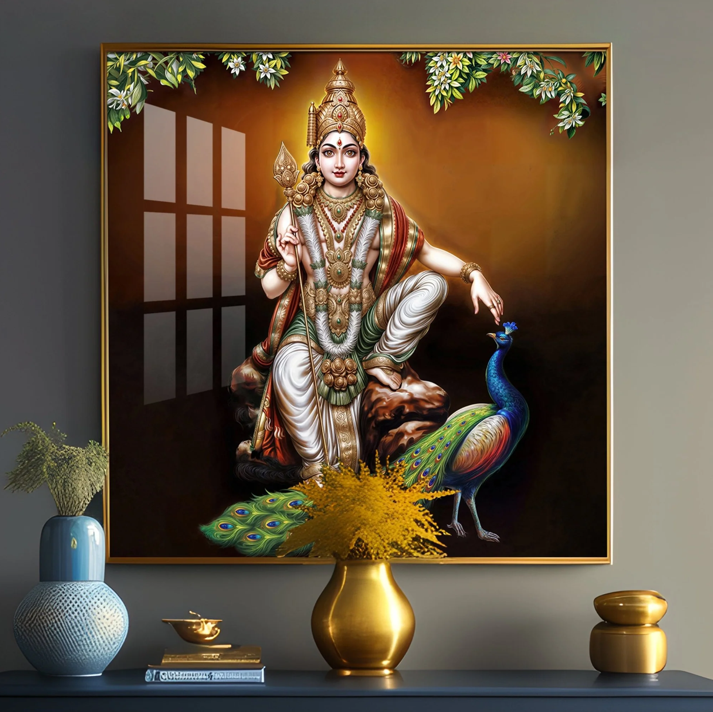 Lord Murugan With Peacock Premium Acrylic Square Wall Art