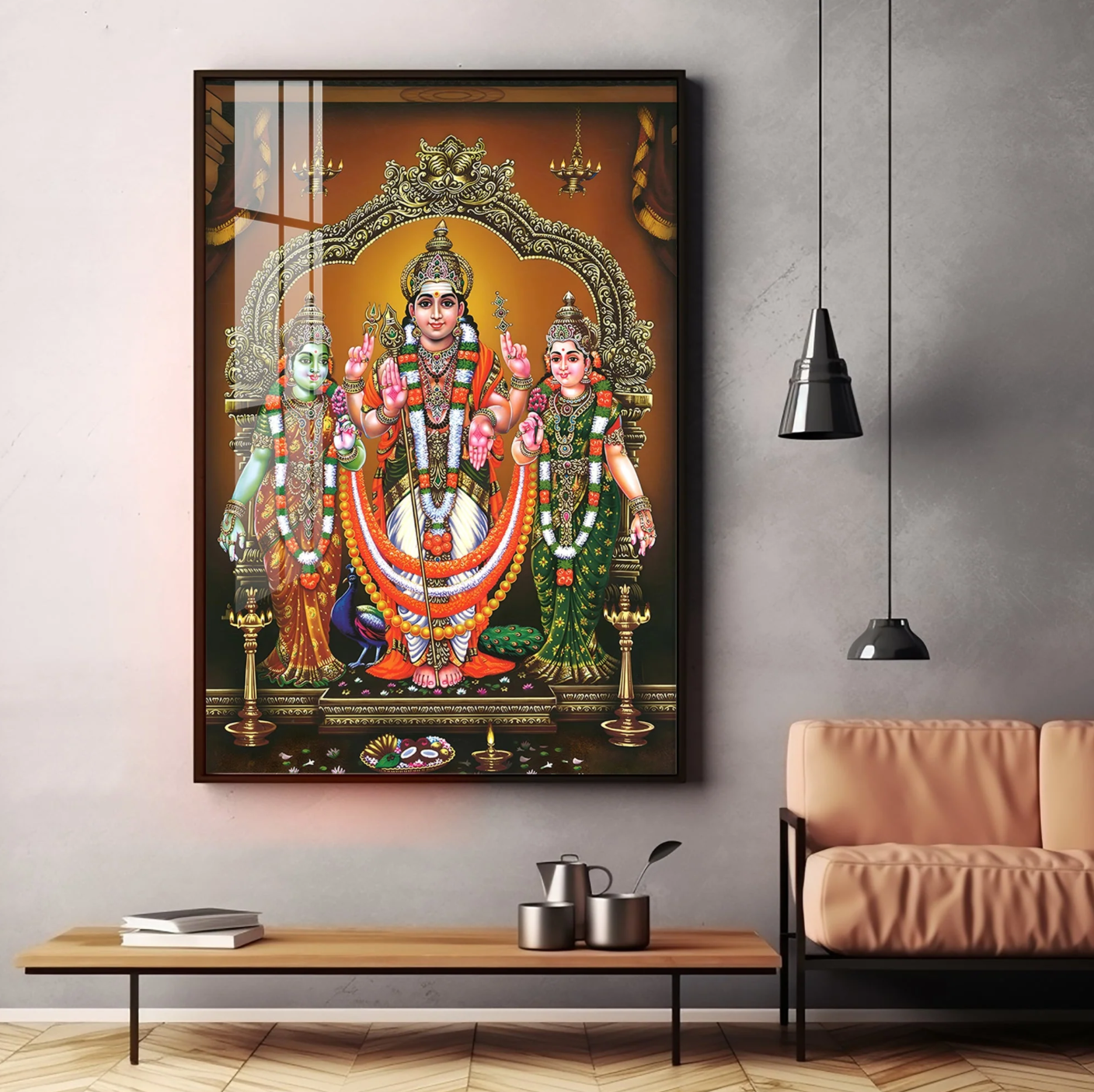 Lord Murugan Valli Deivanai Subramanya Swamy Premium Vertical Acrylic Wall Art