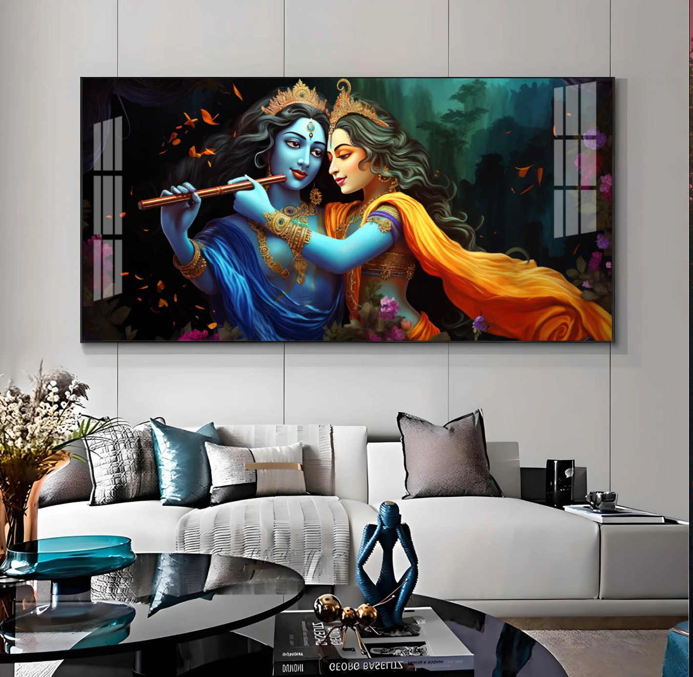 Radha Krishna Playing Bansuri Premium Acrylic Horizontal Wall Art