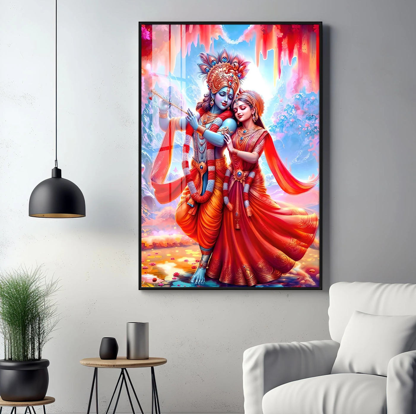 Beautiful Radha Krishna In Red Premium Acrylic Vertical Wall Art