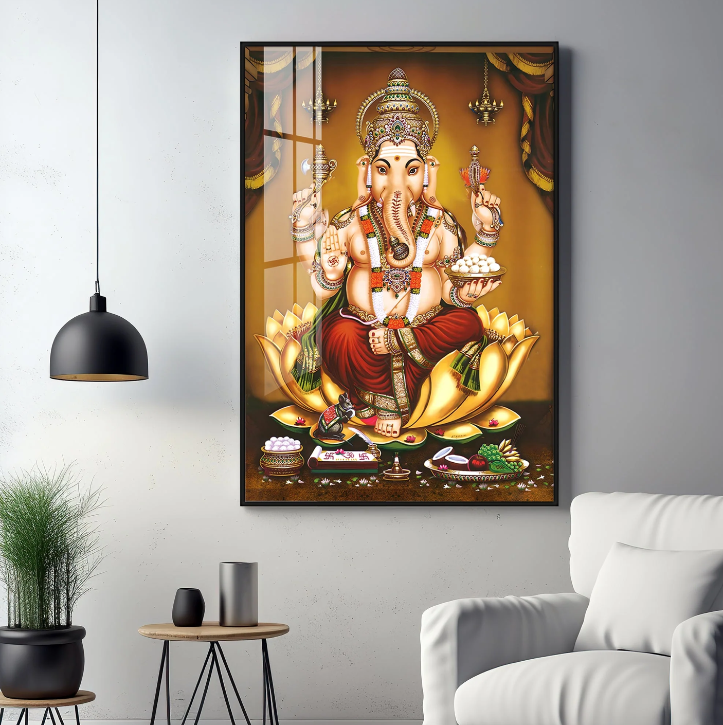 Lord Ganesha On Gold Lotus Premium Vertical Acrylic Wall Art