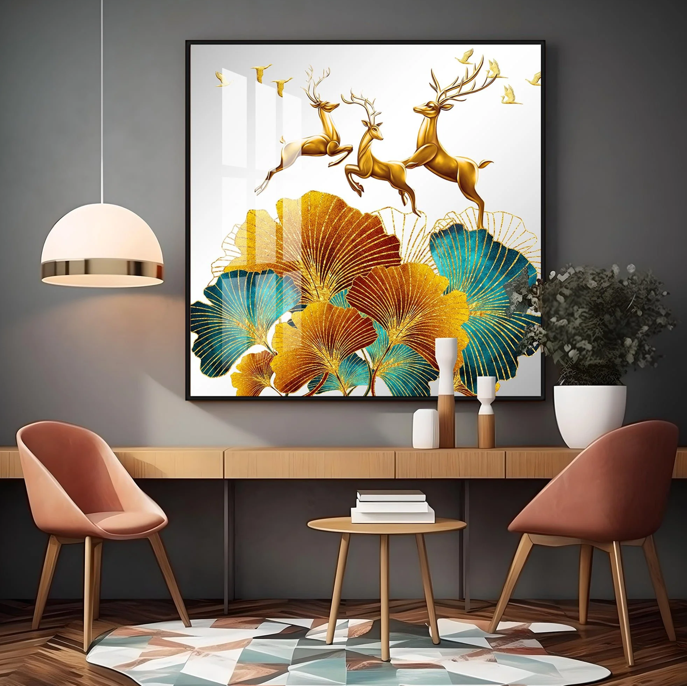 3 Golden Deers With Biloba Leaves Luxury Crystal Square Wall Art