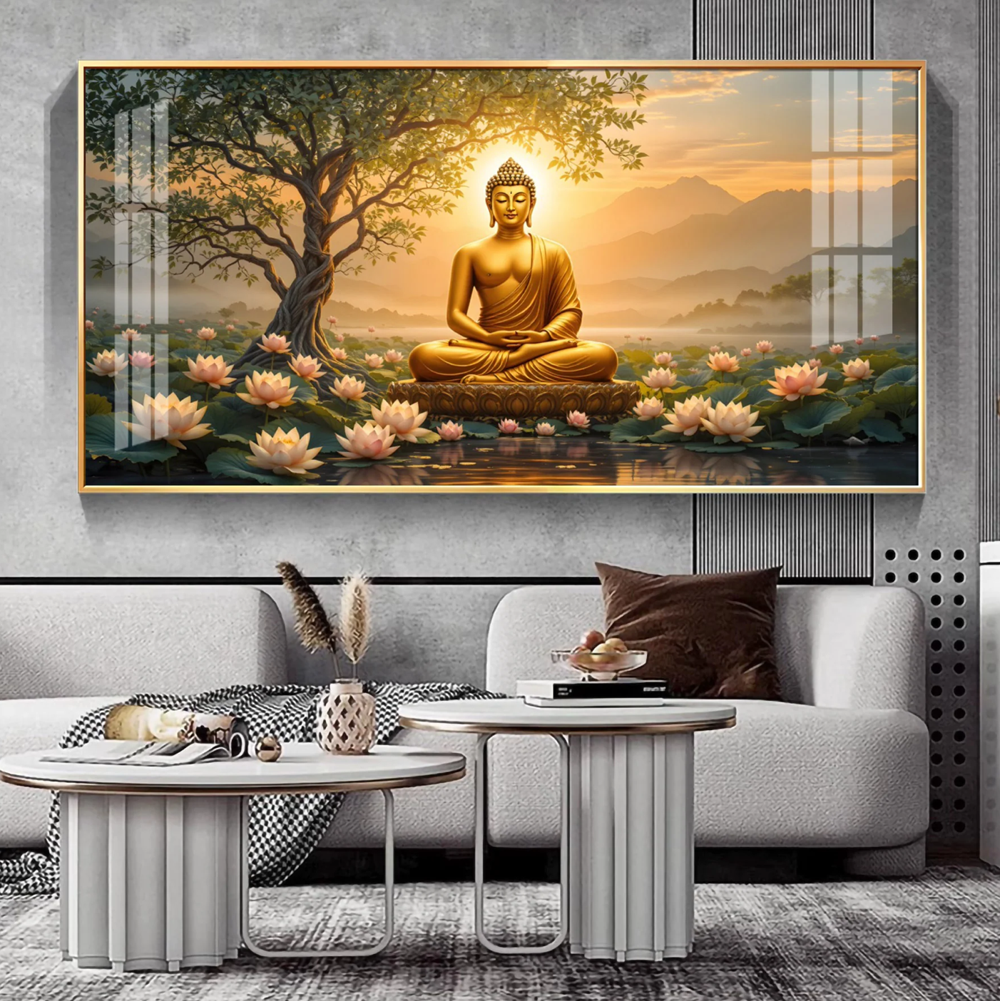 Blissful Buddha With Lotus Petal Premium Acrylic Horizontal Wall Art