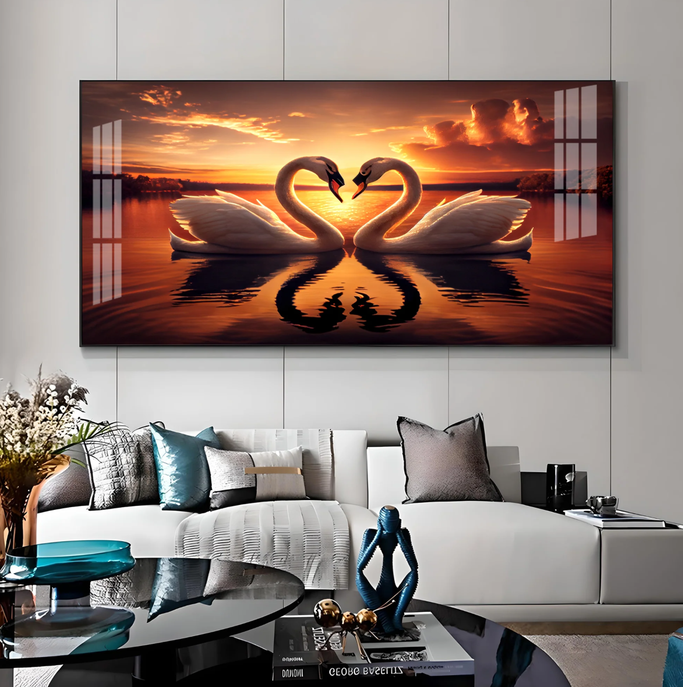 Loving Swan In Sunset Premium Acrylic Horizontal Wall Art